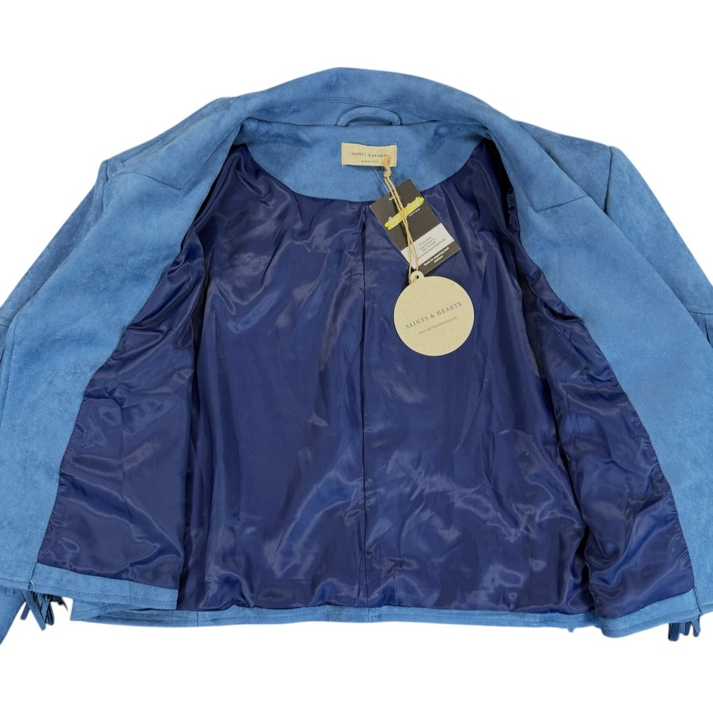 SAINTS & HEARTS Curvy Fringe Suede Jacket Womens 1X Blue Cropped Western Boho - Picture 7 of 10
